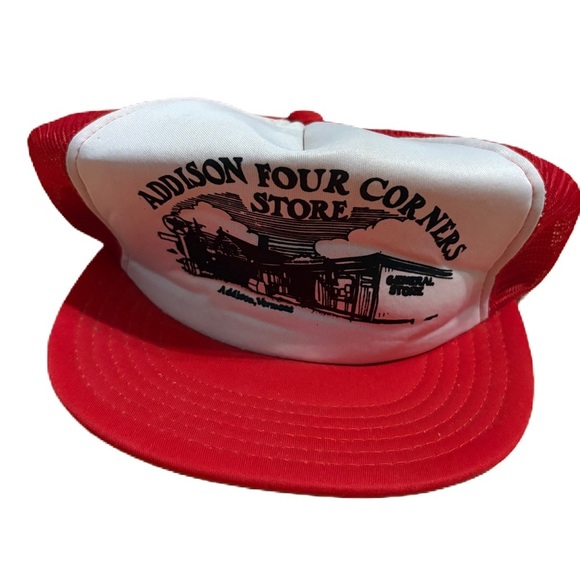 Vintage Addison Four Corners Store Vermont Trucker Hat SnapBack Mesh Red White - Picture 1 of 7